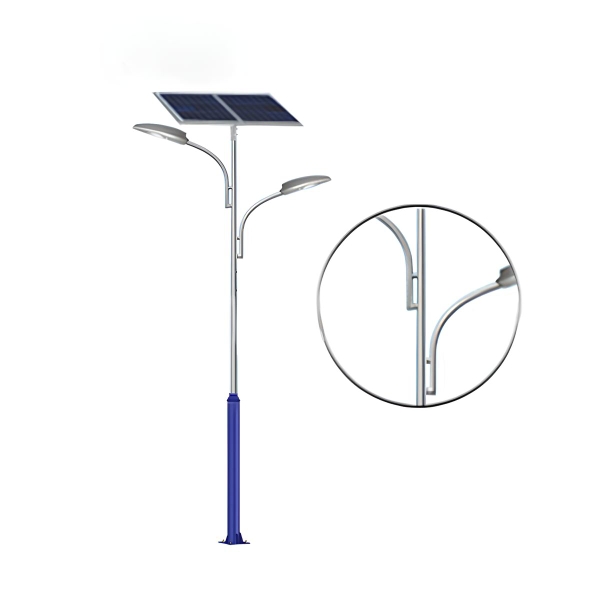 Cột đèn năng lượng mặt trời SL-TD15 hai cán cong lệch tầng, tấm pin trên đỉnh, chân trụ xanh, khung phóng to chi tiết cán