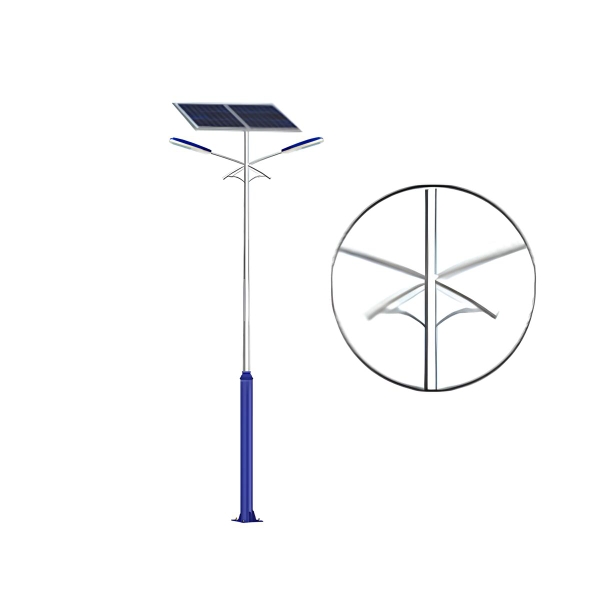 Trụ đèn 2 nhánh SL-TD11 có giá đỡ cong trang trí, hai đèn dẹt viền xanh, tấm pin mặt trời trên đỉnh, chân trụ xanh