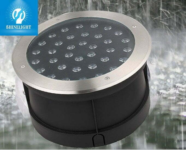 Đèn âm đất tròn 12W viền inox sáng bóng, mặt kính nhiều bóng LED, nền mưa nước