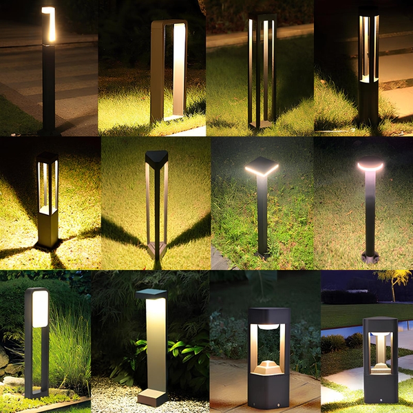 Đèn nấm sân vườn Shine Light – 12 mẫu đèn trụ dáng vuông, tam giác, đầu tròn sáng vàng trên bãi cỏ về đêm