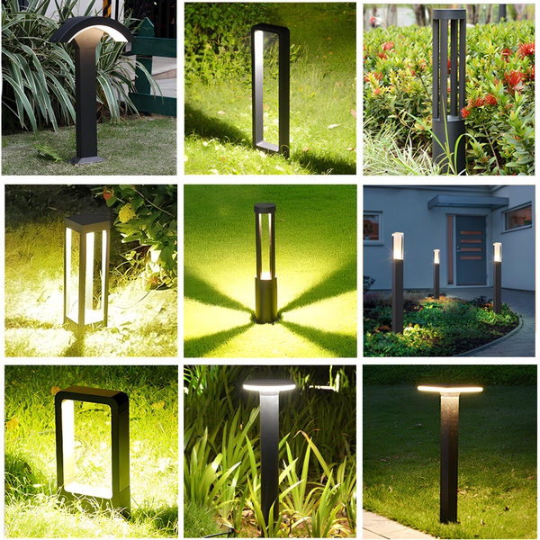 Đèn nấm sân vườn Shine Light 2 – 9 mẫu đèn trụ thân đen sáng vàng ấm trên bãi cỏ, bồn hoa, trước cửa nhà