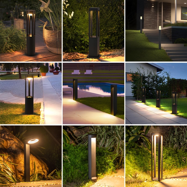 Đèn nấm sân vườn Shine Light 3 – bộ 9 mẫu đèn trụ thân đen sáng vàng ấm bên lối đi, bãi cỏ, hồ bơi