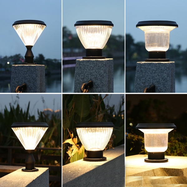 Đèn nấm sân vườn Shine Light 4 với sáu kiểu chụp sọc trong suốt đặt trên trụ đá và tường rào, sáng ấm lúc chạng vạng