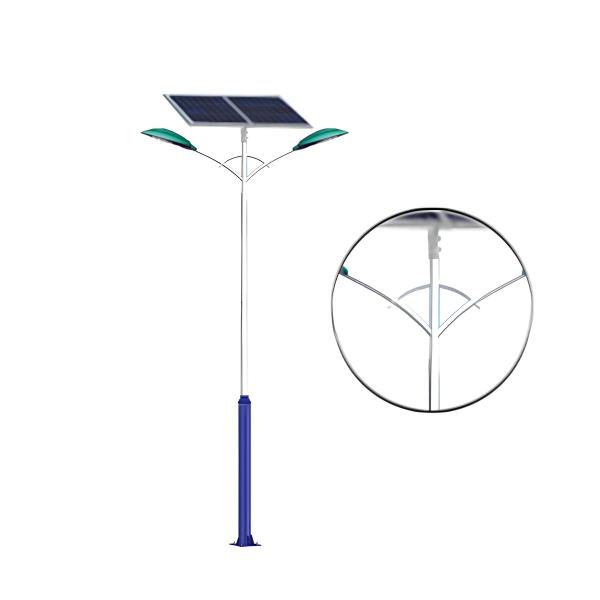 Trụ đèn năng lượng mặt trời SL-TD13 hai chóa xanh ngọc trên nhánh hình chữ Y, tấm pin trên đỉnh, chân trụ xanh dương