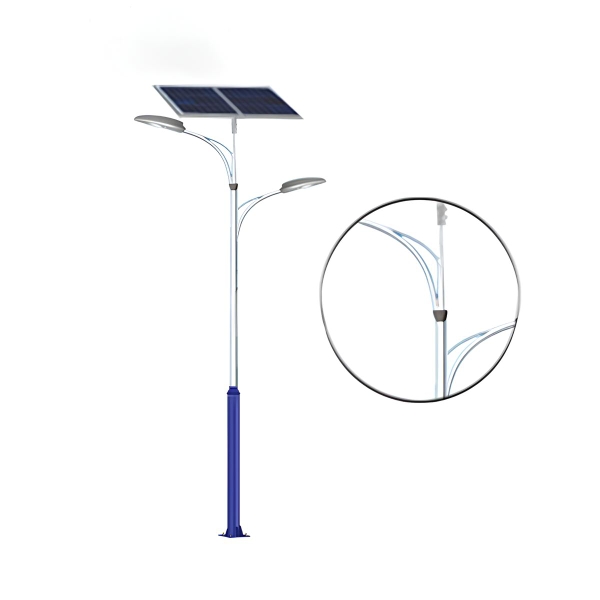 Cột đèn 2 nhánh SL-TD14 cán kép cong, khớp nối xám, lắp tấm pin mặt trời, chân trụ xanh, có khung phóng to chi tiết nhánh