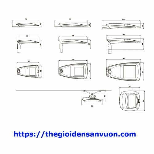 Bản vẽ kích thước đèn cao áp LED Sona với ba cỡ, gồm các hình chiếu cạnh, hình chiếu từ dưới và cơ cấu điều chỉnh góc nghiêng