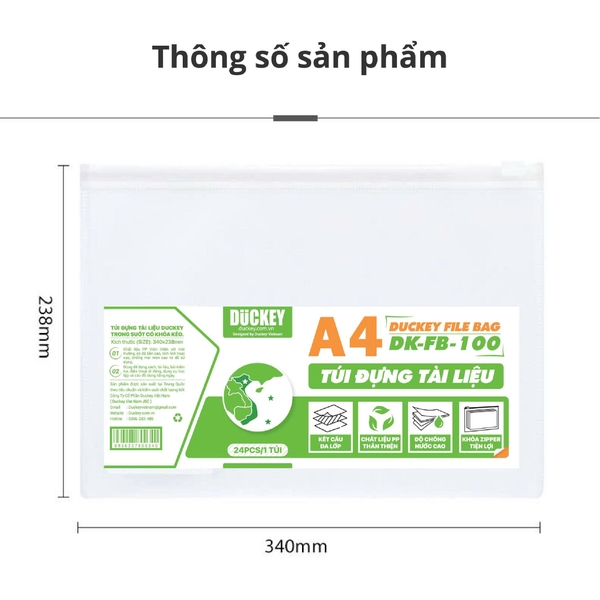 Túi Đựng Tài Liệu Duckey DK-FB-100 (A4) Trong suốt – Khóa kéo – Chất liệu thân thiện.