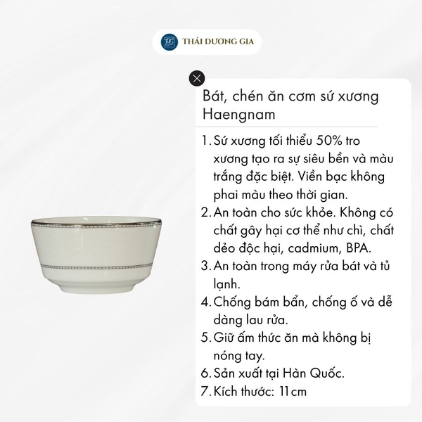 Bát, chén ăn cơm 11cm trắng sứ tro xương viền bạc Hàn Quốc Haengnam 10040