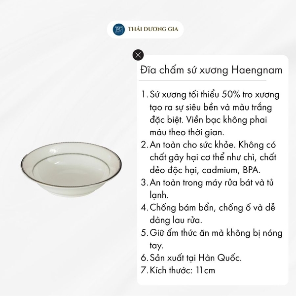 Đĩa chấm 11cm trắng sứ tro xương viền bạc Hàn Quốc Haengnam 17172