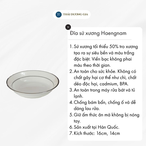 Đĩa sâu lòng trắng sứ tro xương viền bạc Hàn Quốc Haengnam
