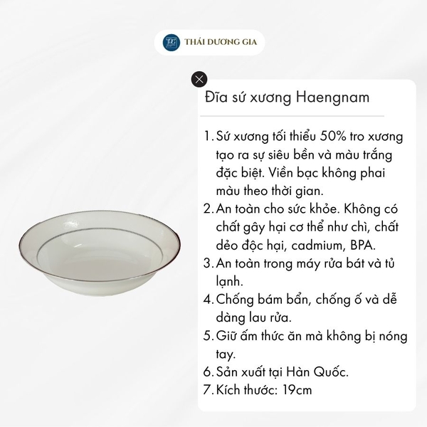 Đĩa tròn sâu lòng 19cm trắng sứ tro xương viền bạc Hàn Quốc Haengnam 17175