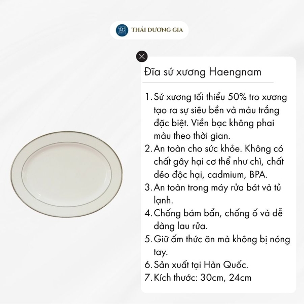 Đĩa bầu dục trắng sứ tro xương viền bạc Hàn Quốc Haengnam