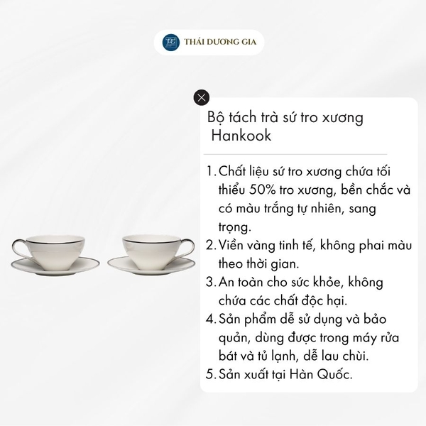 Hankook: Platino Bộ tách trà sứ tro xương 220ml dành cho 2 người sản xuất tại Hàn Quốc