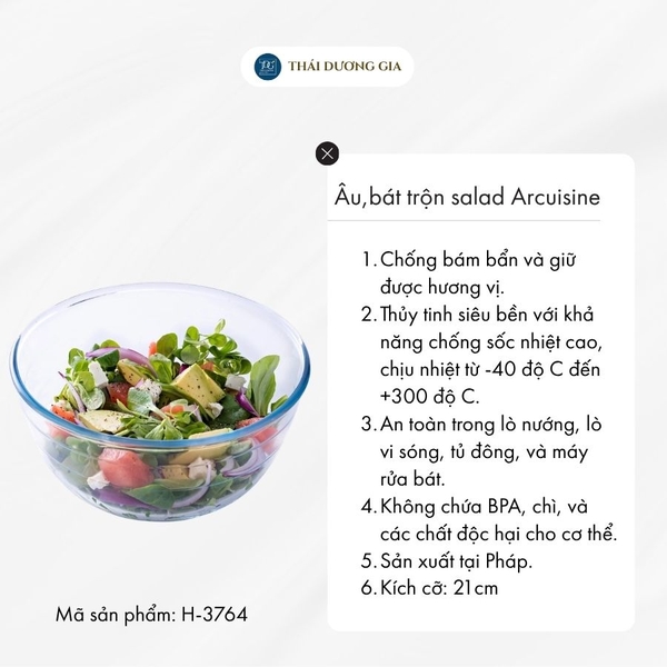 Âu, bát trộn salad 21cm thủy tinh chịu nhiệt sản xuất tại Pháp Arcuisine H-3764