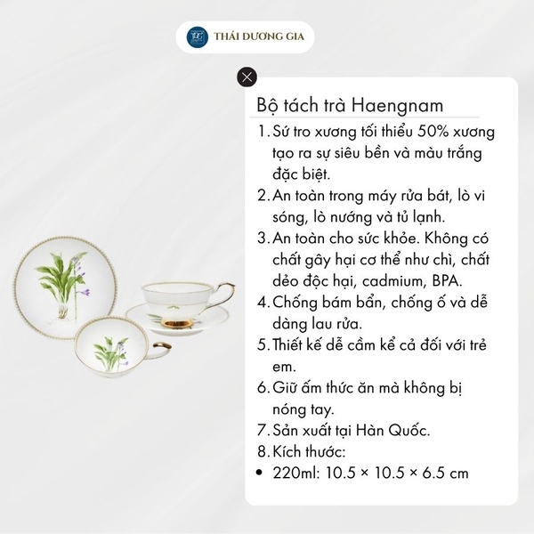 Bộ tách trà, cà phê Lan Tím 2 chiếc 220ml hoa văn vàng 24k sứ xương Hàn Quốc Haengnam 5123
