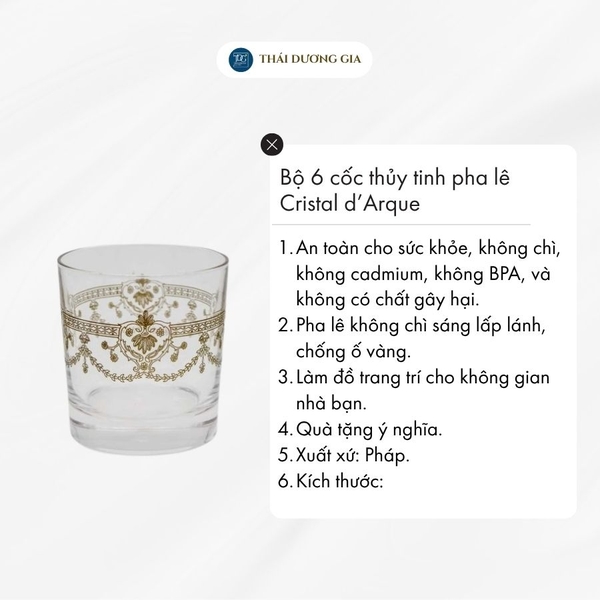 Bộ 6 cốc thủy tinh pha lê thấp 300ml khảm vàng Pha lê Pháp Crystal d’Arque: Dampierre-35534