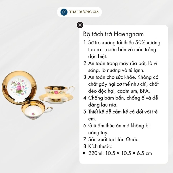 Bộ tách trà, cà phê Hồng 2 chiếc 220ml viền vàng 24k sứ xương Hàn Quốc Haengnam