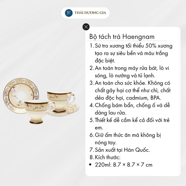 Bộ tách trà, cà phê Hoa Đào 2 chiếc 220ml hoa văn vàng 24k sứ xương Hàn Quốc Haengnam 5358