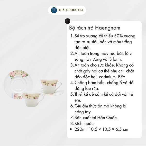Bộ tách trà, cà phê Hồng Pháp 2 chiếc 220ml sứ xương Hàn Quốc Haengnam 5370