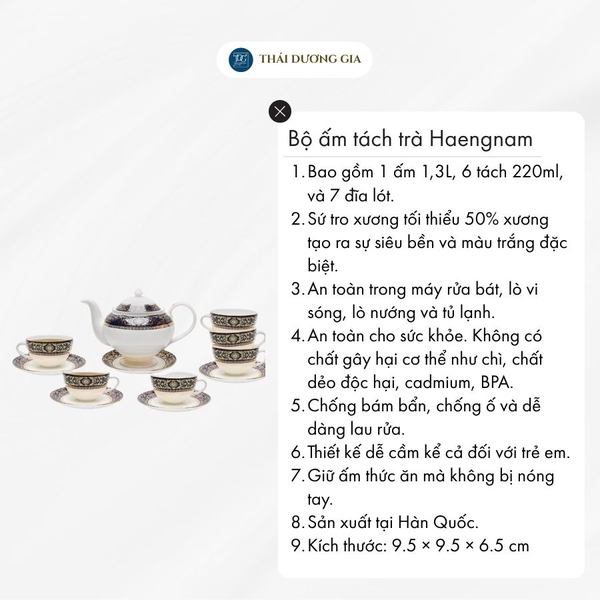 Bộ tách trà Windsor cỡ to (ấm 1,3L+ tách 220ml) hoa văn vàng 24k sứ xương Hàn Quốc Haengnam 6952