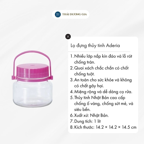 Lọ, hũ thủy tinh 1 lít thấp nắp tím 2 lớp Nhật Bản Aderia-707