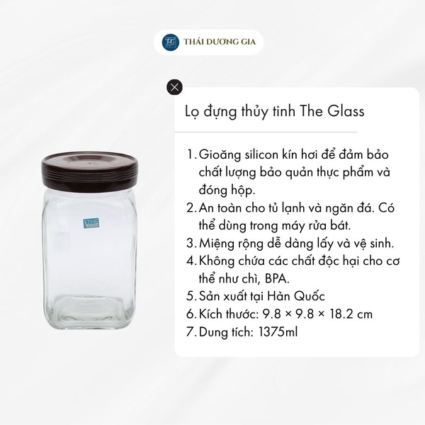 Lọ đựng thủy tinh chữ nhật 1375ml Hàn Quốc The Glass-7764