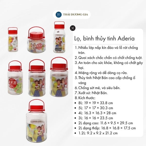 Lọ, bình thủy tinh 1.2L, 2L, 3L, 4L, 5L, 8L ngâm, đựng thực phẩm nắp đỏ 2 lớp Nhật Bản Aderia