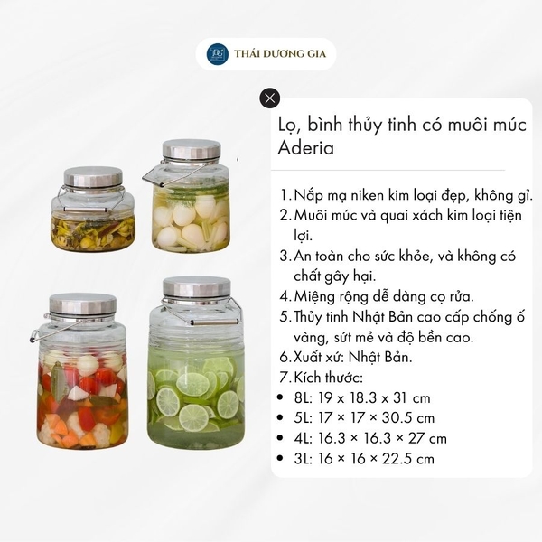 Lọ, bình thủy tinh 3L, 4L, 5L, 8L ngâm, đựng thực phẩm, nắp mạ niken có muôi múc Nhật Bản Aderia