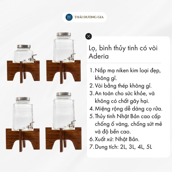 Lọ, bình thủy tinh có vòi 2L, 3L, 4L, 5L Nhật Bản, nắp mạ niken Aderia tặng kèm đế gỗ