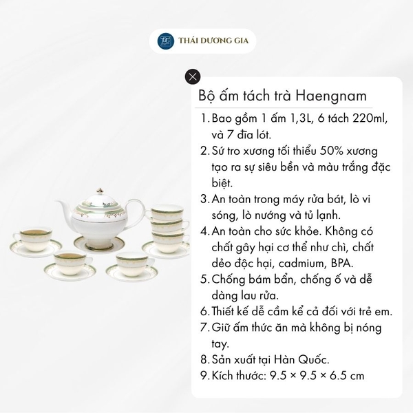 Bộ tách trà đèn thần cỡ to (ấm 1,3L+ tách 220ml) hoa văn vàng 24k sứ xương Hàn Quốc Haengnam 98103