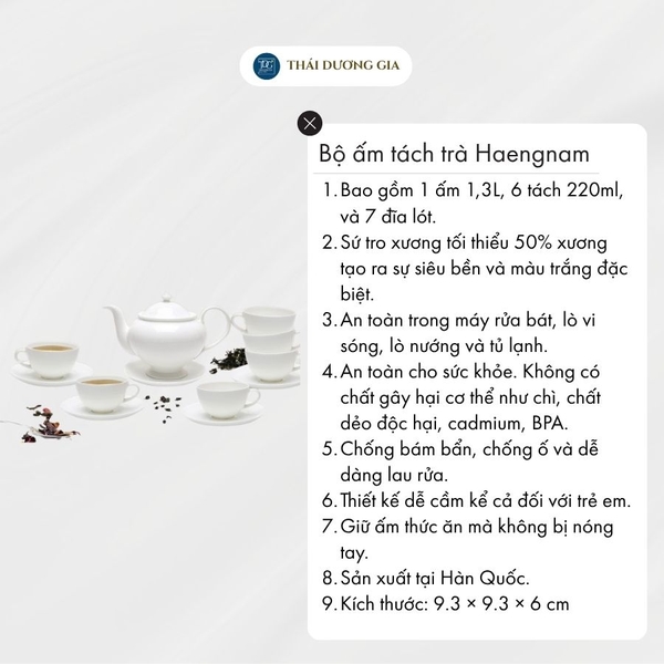 Bộ ấm tách trà Đèn Thần trắng cỡ to (ấm 1,3L+ tách 220ml) sứ xương Hàn Quốc Haengnam 98104