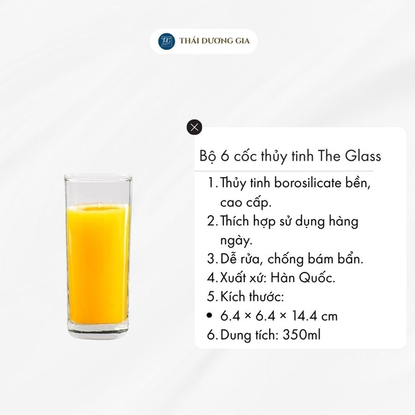 Bộ ly, cốc thủy tinh 6 chiếc  tinh cao vuông miệng 355ml Hàn Quốc The Glass-B144
