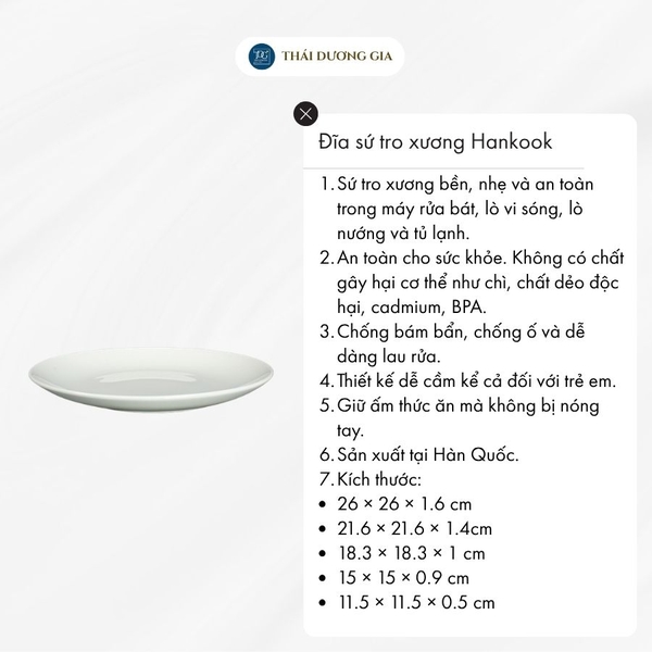 Đĩa trắng tròn sứ tro xương Hàn Quốc Hankook