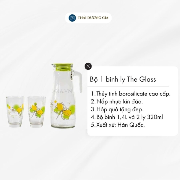 Bộ 1 bình ly 1,4 lít và 2 cốc uống nước 320ml Hàn Quốc The Glass-GI801AA