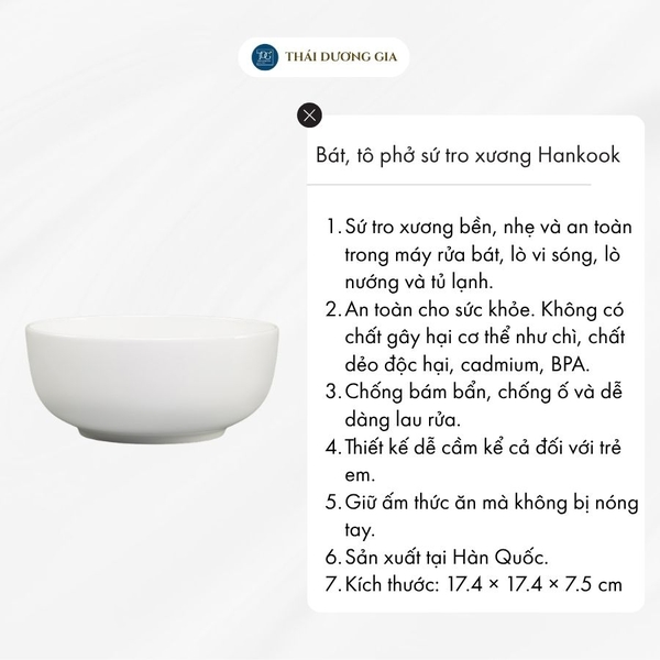 Bát, tô phở trắng 17,4cm sứ tro xương màu trắng Hàn Quốc cao cấp Hankook HOB-00104