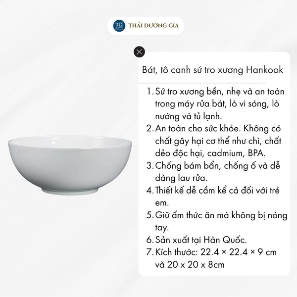 Bát, tô canh trắng sứ tro xương Hàn Quốc Hankook