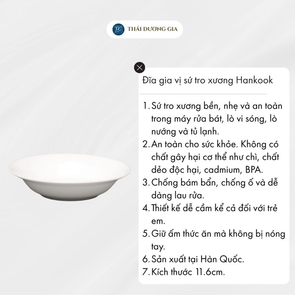 Đĩa gia vị trắng 11,6cm sứ tro xương sản xuất tại Hàn Quốc Hankook HWB0015