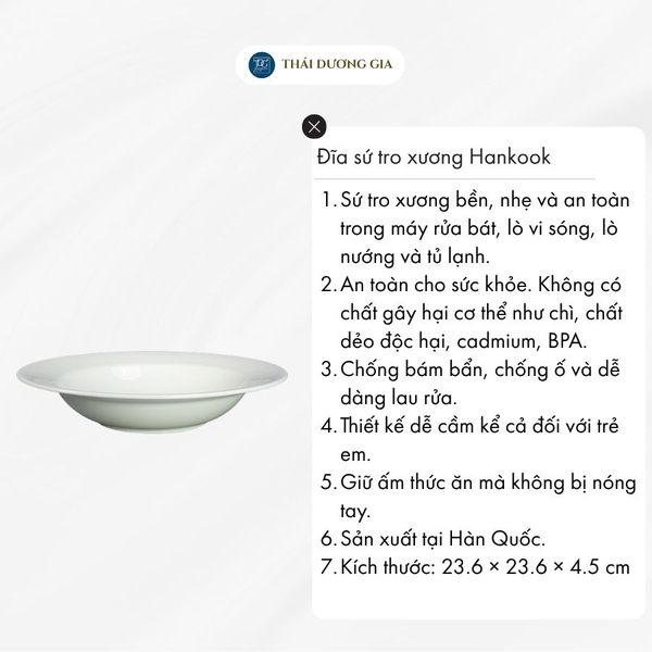 Đĩa trắng tròn sâu lòng vành cao 24cm sứ tro xương Hàn Quốc Hankook HWB-0017