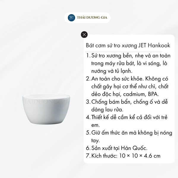 Bát, chén cơm JET 10cm trắng sứ tro xương Hàn Quốc Hankook JTB-0001