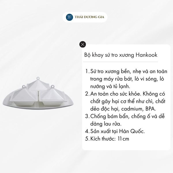Bộ khay tam giác và 3 bát vuông có nắp đựng mứt, ô mai Tết trắng sứ tro xương Hàn Quốc