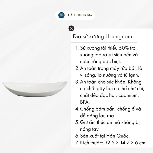 Đĩa dáng thuyền sâu lòng 32,5cm trắng sứ tro xương Hàn Quốc Haengnam MB-1152