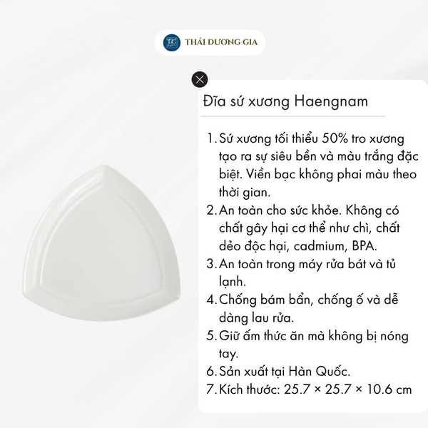 Đĩa tam giác lớn cạnh 21cm trắng sứ tro xương Hàn Quốc Haengnam MB-1160