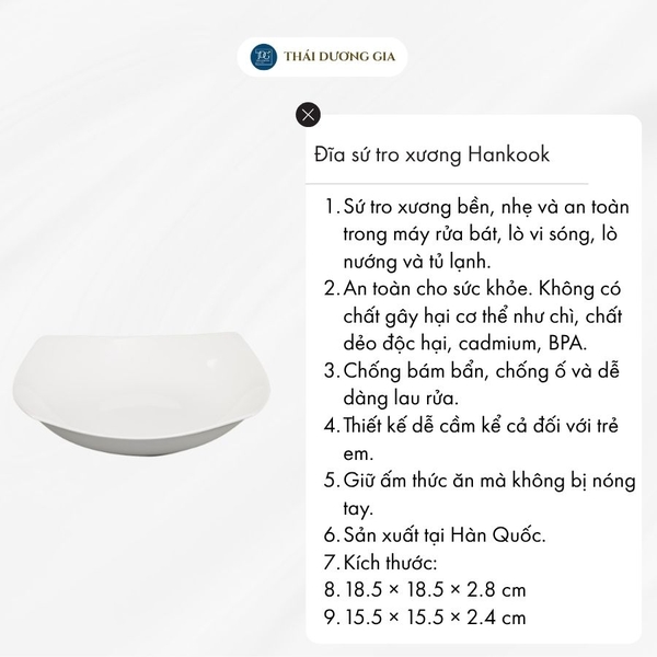 Đĩa vuông sâu lòng trắng sứ tro xương cao cấp Hàn Quốc Hankook