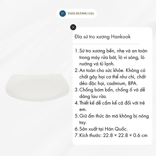 Đĩa vuông sứ tro xương màu trắng cao cấp Hàn Quốc Hankook 26,2cm MIB-0007