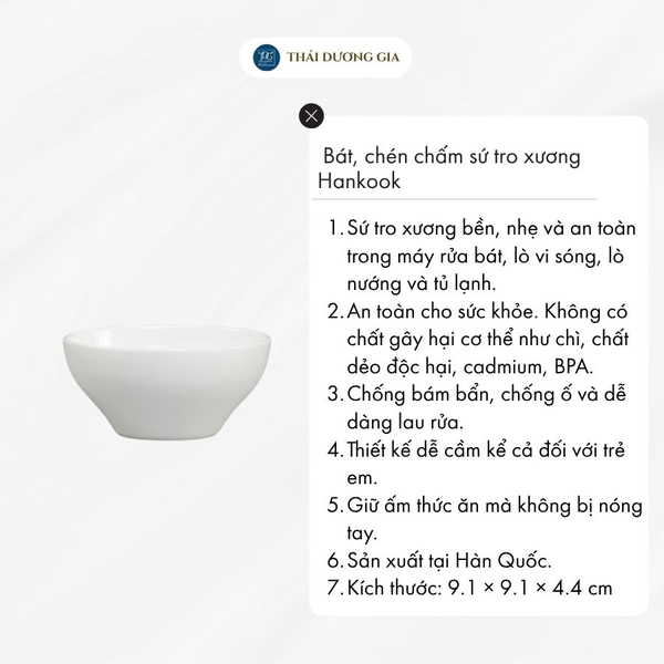 Bát, chén chấm sứ tro xương màu trắng cao cấp Hàn Quốc 9,1cm Hankook NOB-0022