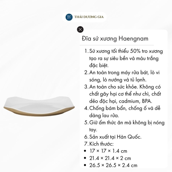 Đĩa vuông phẳng Octagon trắng sứ tro xương Hàn Quốc Haengnam