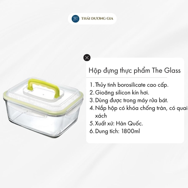 Hộp đựng thực phẩm chữ nhật có quai xách 1800ml Hàn Quốc The Glass-P748