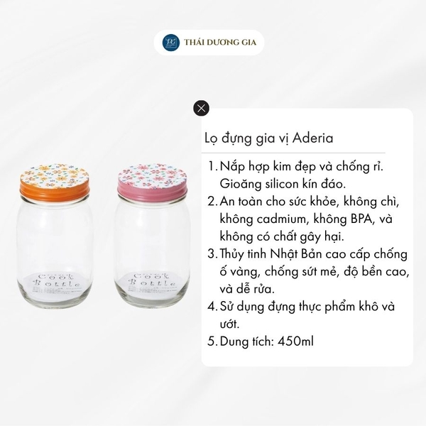 Lọ đựng gia vị, đồ khô thủy tinh nắp hợp kim màu hồng chống gỉ 450ml Nhật Bản Aderia S-2033-H