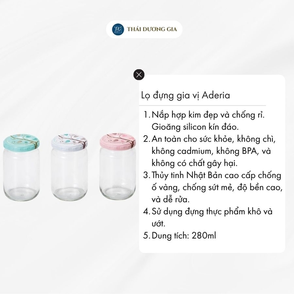 Lọ đựng gia vị, đồ khô thủy tinh nắp hợp kim chống gỉ 280ml Nhật Bản Aderia