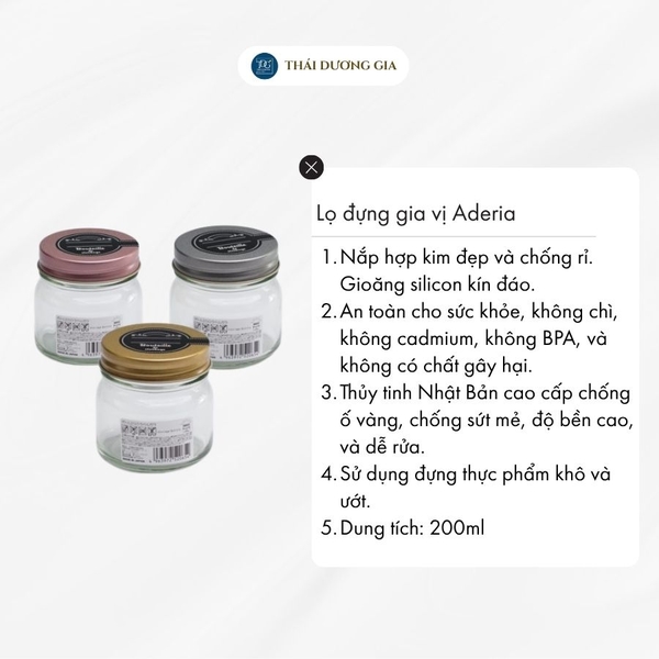 Lọ đựng gia vị, đồ khô thủy tinh nắp hợp kim chống gỉ 200ml Nhật Bản Aderia